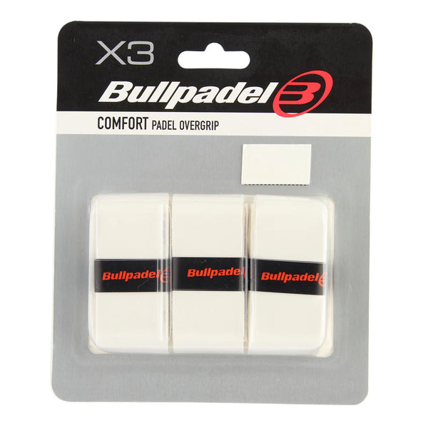 White Bullpadel Comfort Overgrips for padel tennis, shown in a 3-pack, designed for enhanced grip and comfort during play
