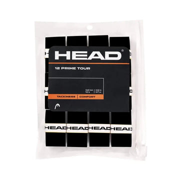 Black HEAD Prime Tour overgrip tennis grips in a 12-pack, designed for enhanced grip and control during play.