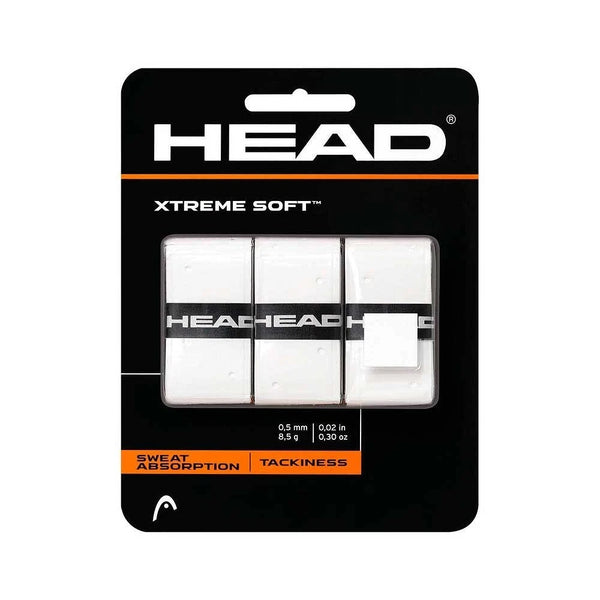 HEAD Xtreme Soft Padel Overgrip in white, three-pack, showing textured surface and packaging for tennis and padel rackets.